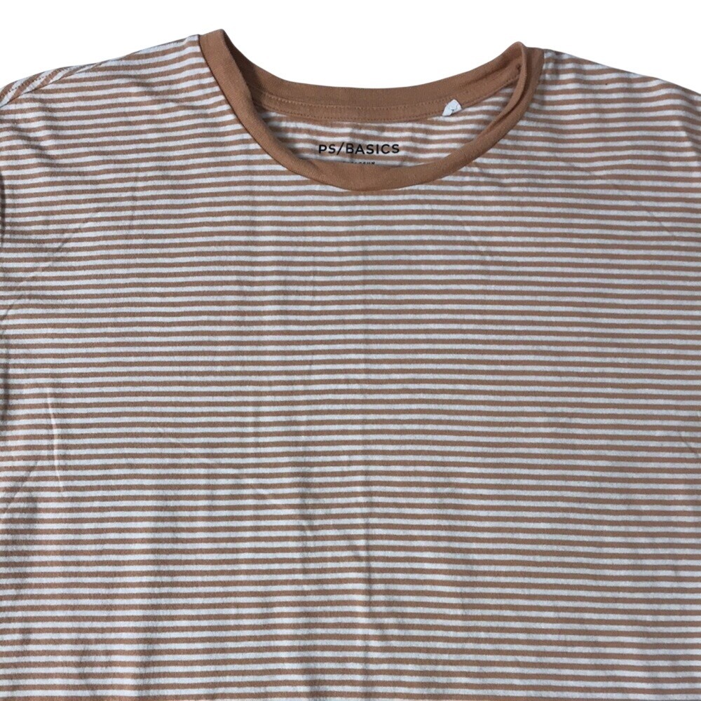 PacSun Men's Large Basic Short Sleeve Scallop Fit T-Shirt Striped Tan And White